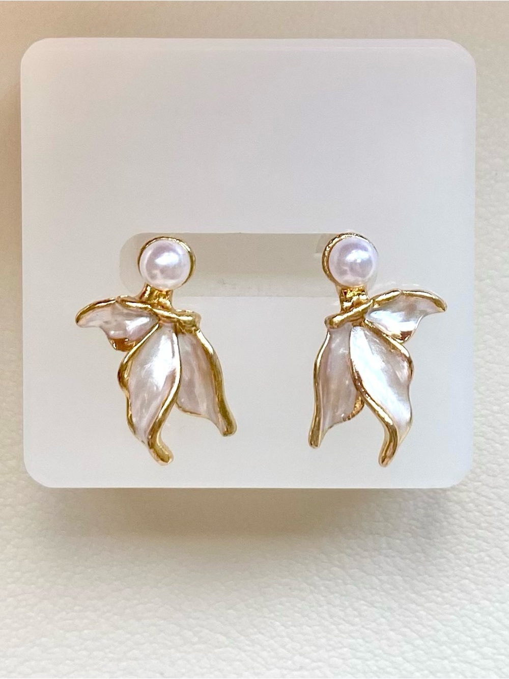 Gold Pearl Petal Drop Earrings - White